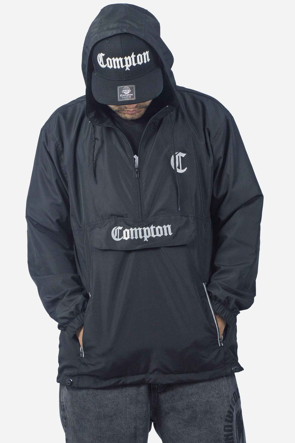 Jaqueta Compton Corta Vento Anorak Vira Bolsa Preta