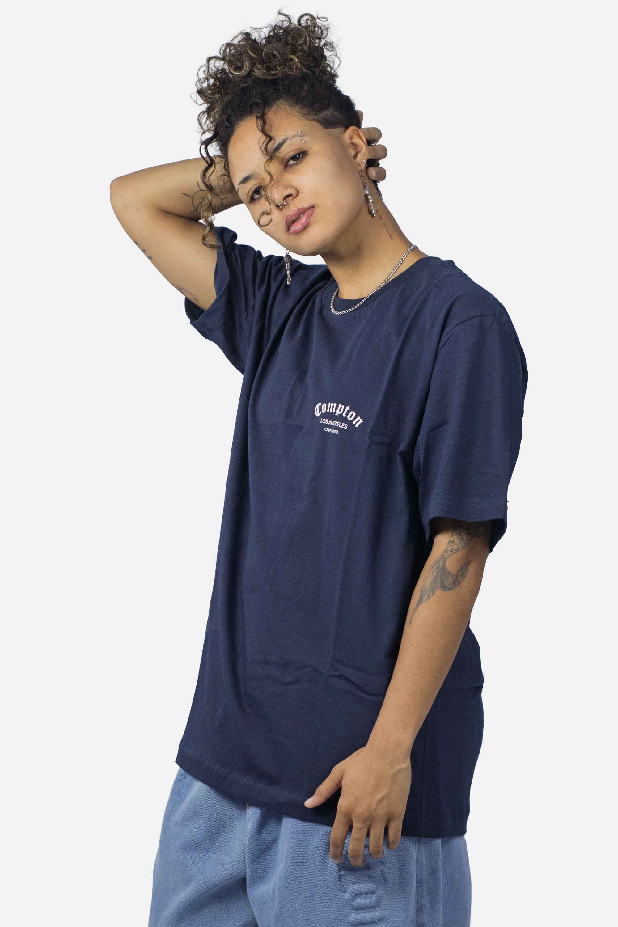 Camiseta Compton Oversized Los Angeles Flag Azul Marinho