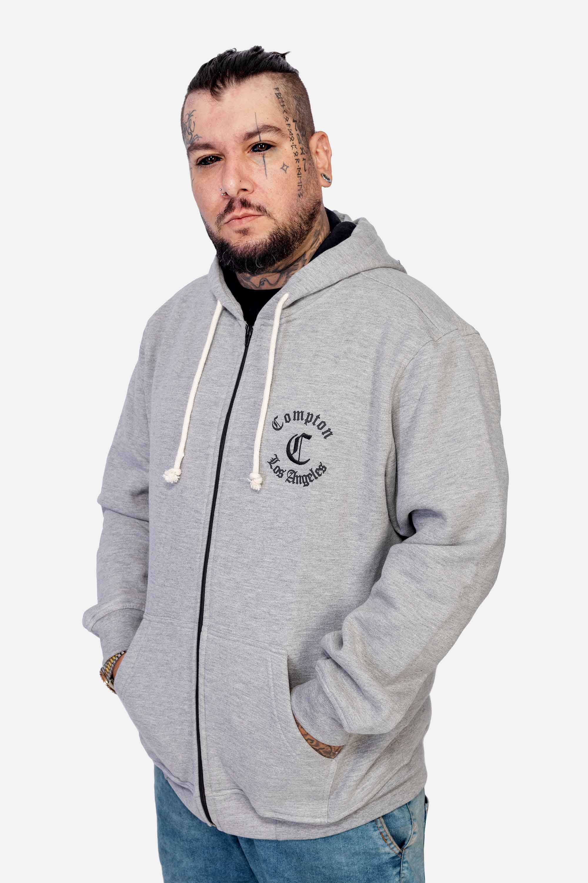 Moletom Compton Canguru Ziper Los Angeles Cinza
