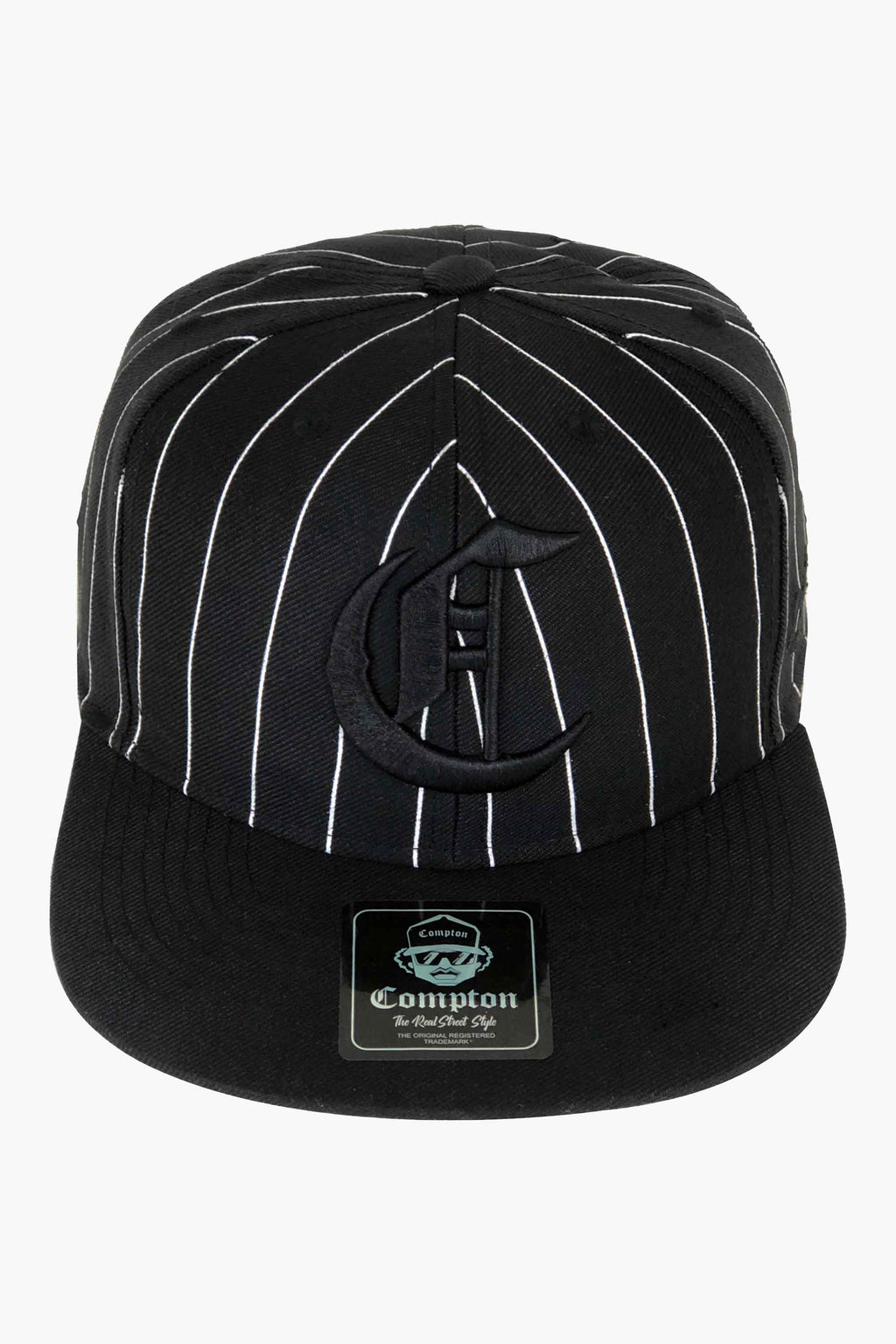 Boné Compton Aba Reta Snapback Logo Pinstripe Preto - boné preto pinstripe com logo em relevo e aba reta clássica.