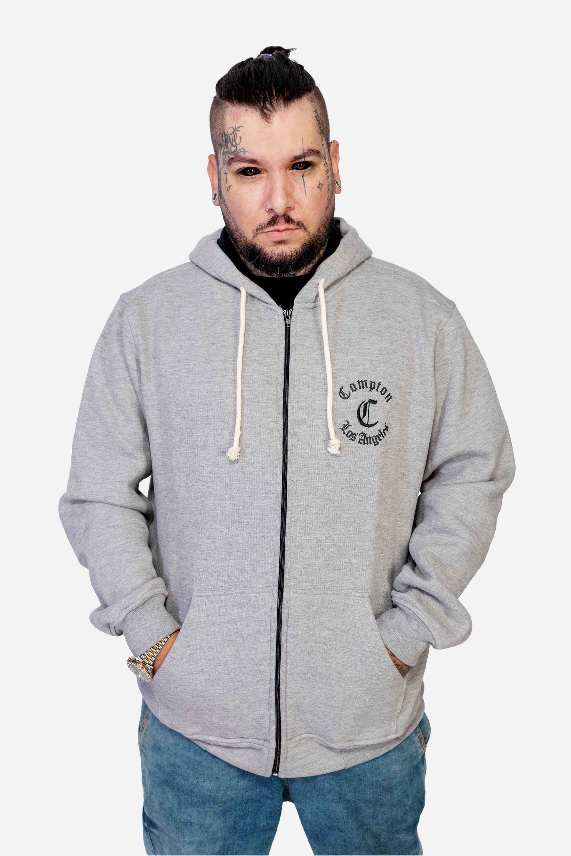Moletom Compton Canguru Ziper Los Angeles Cinza