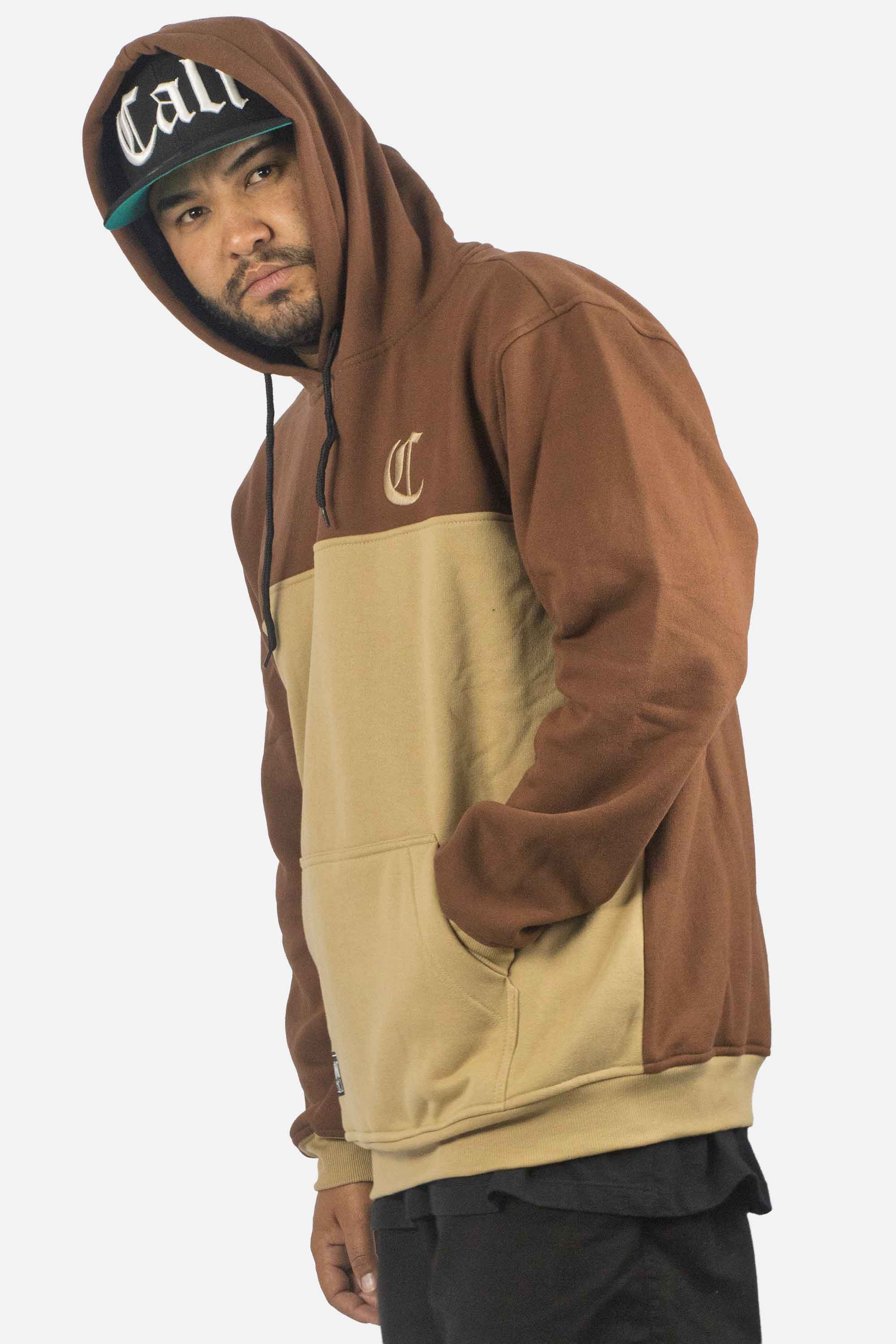 Moletom Compton Canguru Bicolor Bordado Marrom E Caqui