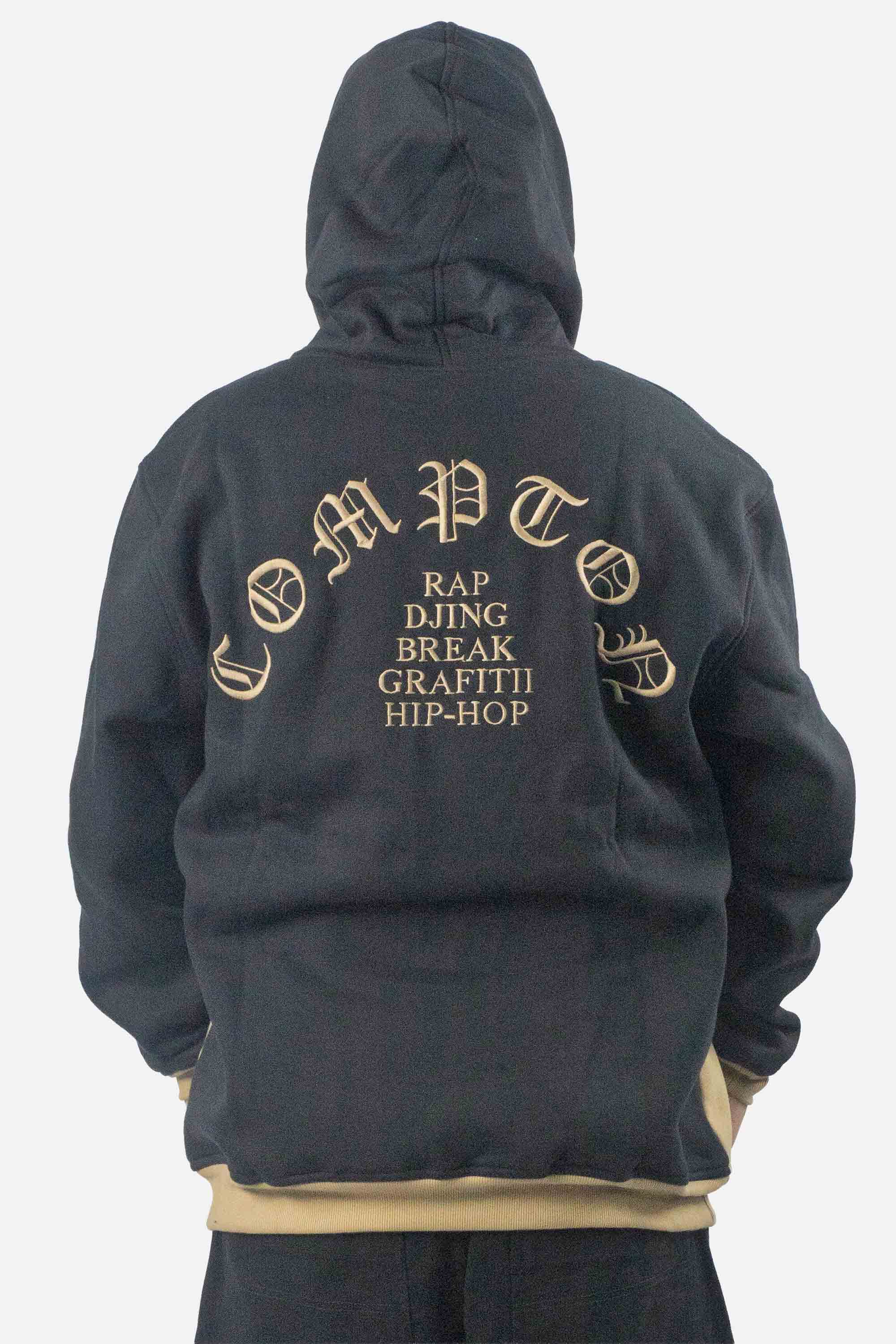 Moletom Compton Canguru Bicolor Bordado Preto E Caqui