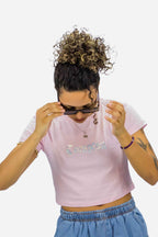 Camiseta Cropped Compton Logo Holográfico Rosa