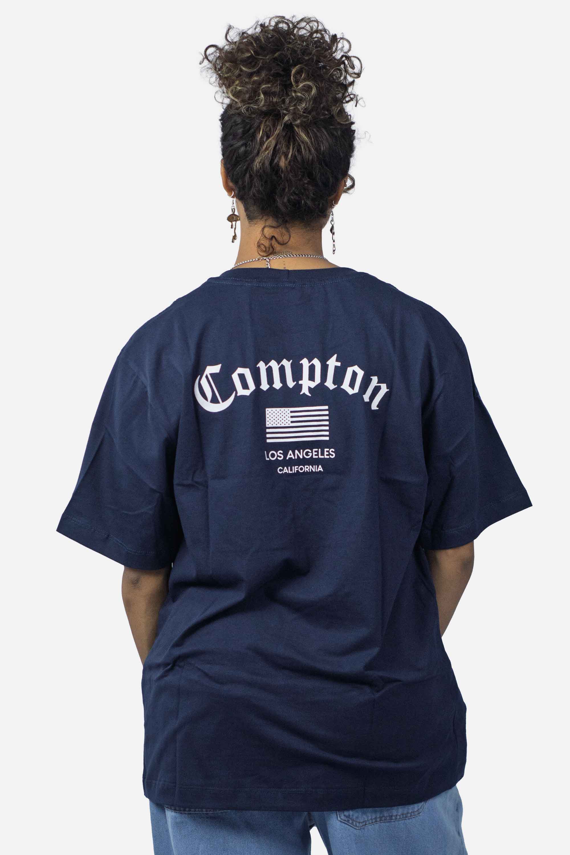 Camiseta Compton Oversized Los Angeles Flag Azul Marinho