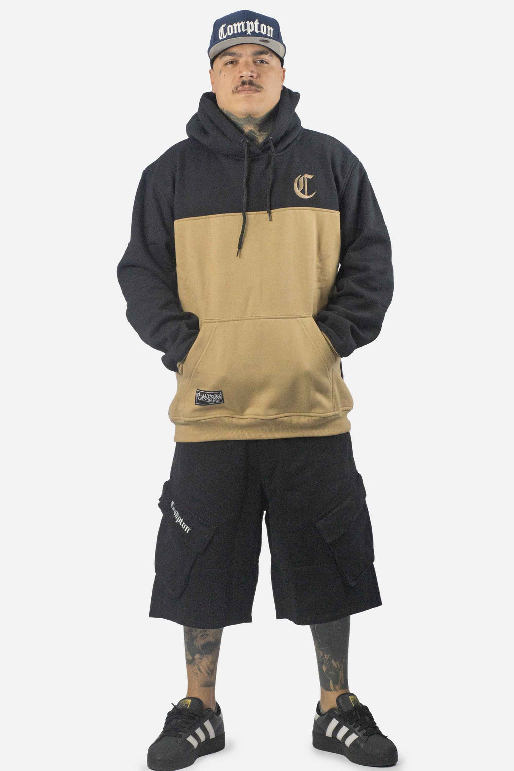 Moletom Compton Canguru Bicolor Bordado Preto E Caqui