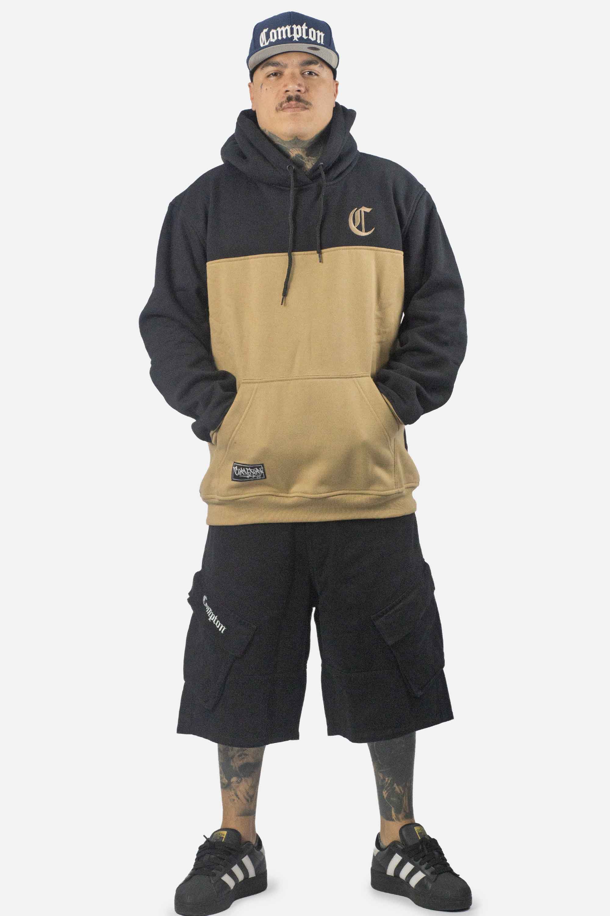 Moletom Compton Canguru Bicolor Bordado Preto E Caqui