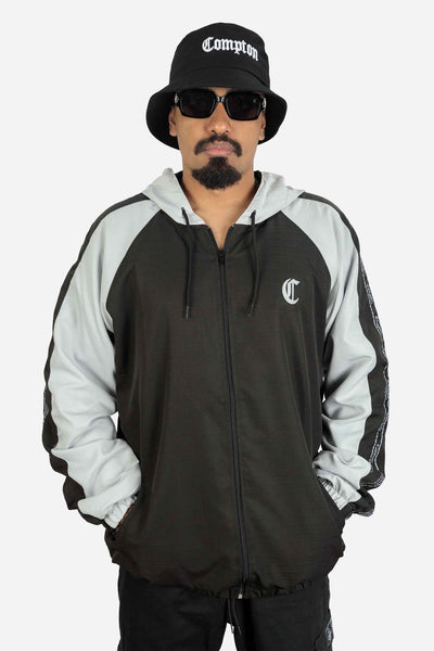 Jaqueta Compton Corta Vento Raglan Preto e Cinza
