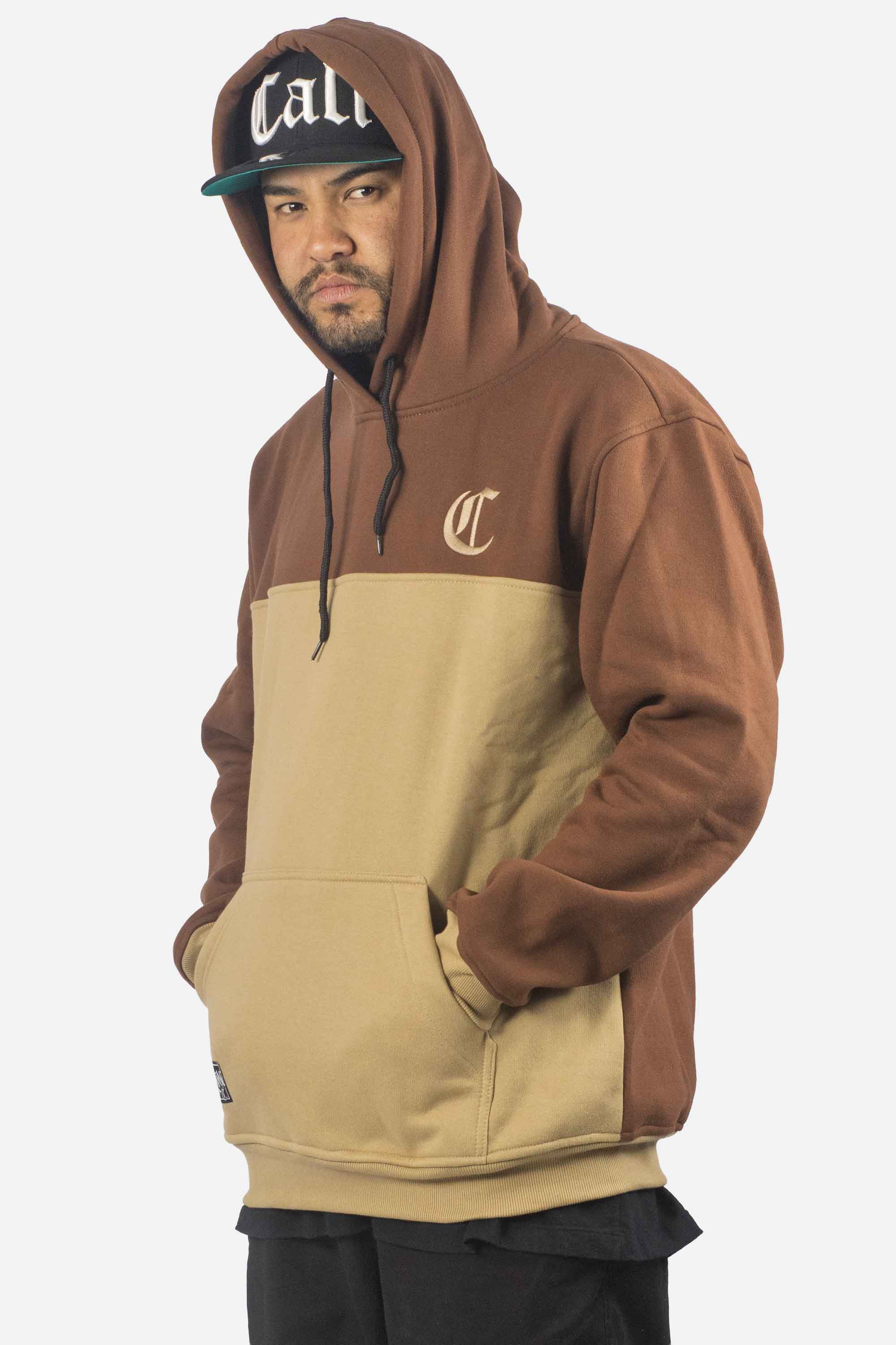 Moletom Compton Canguru Bicolor Bordado Marrom E Caqui