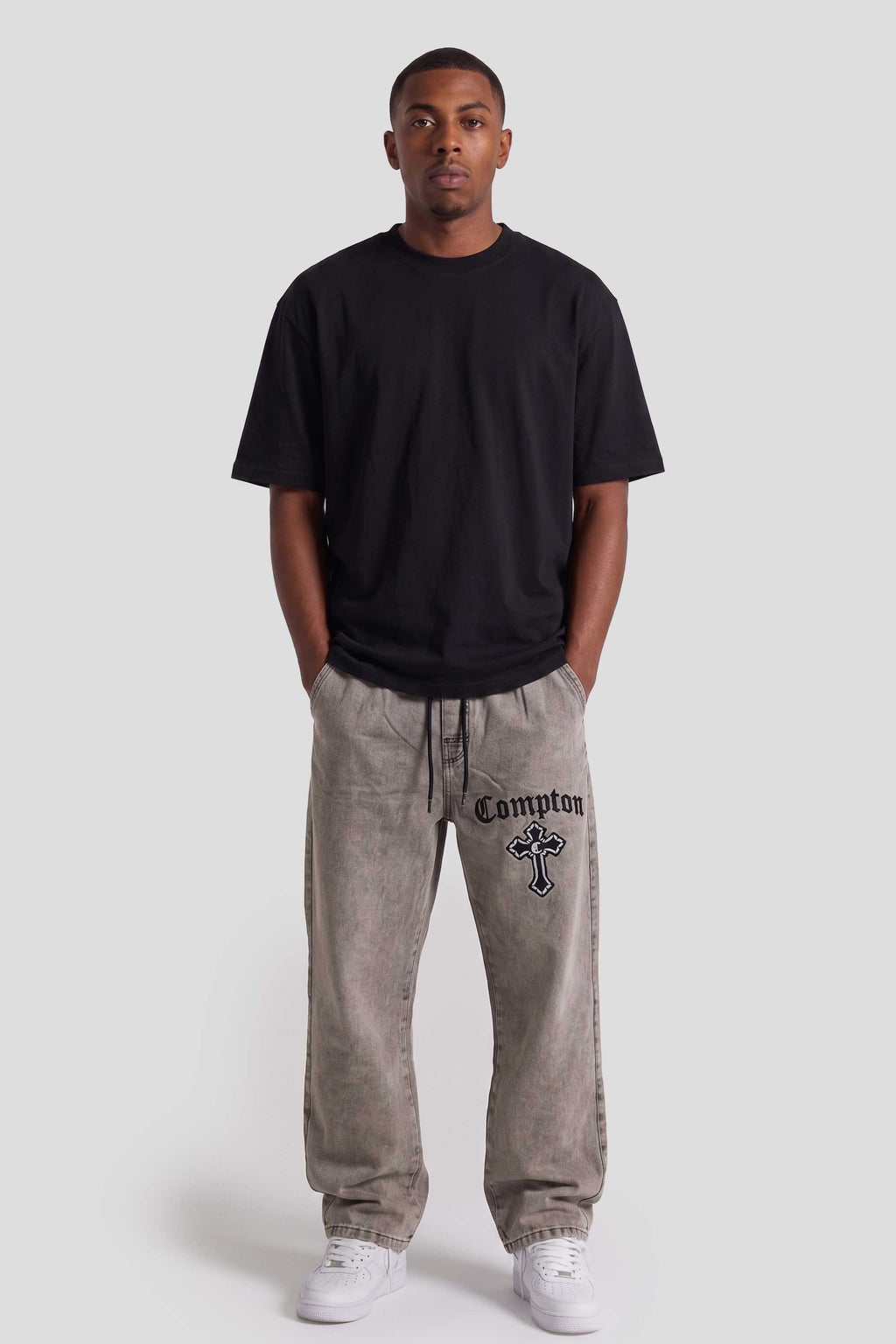 Calça Jeans Baggy Compton Thigh Cross Marmorizada
