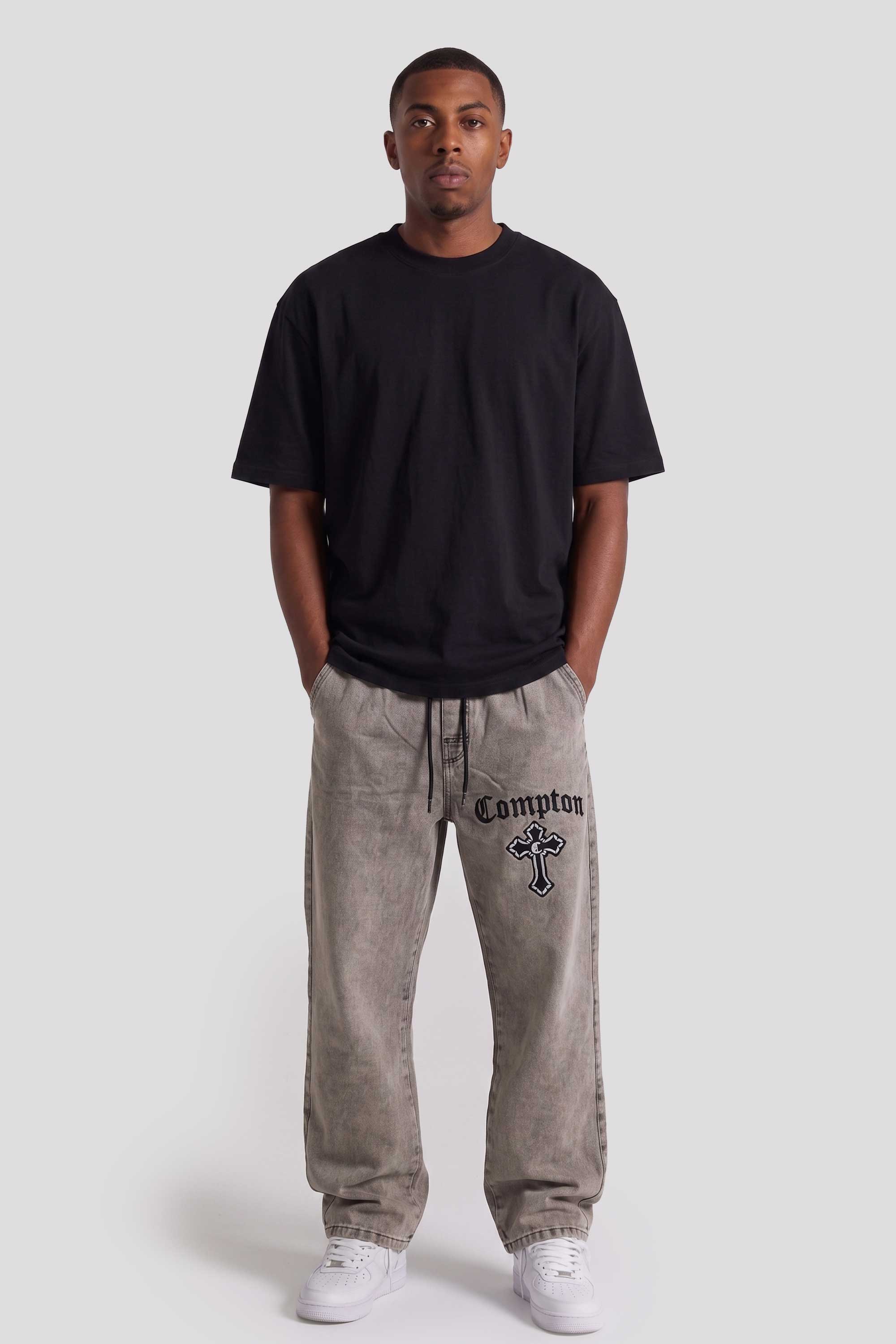 Calça Jeans Baggy Compton Thigh Cross Marmorizada