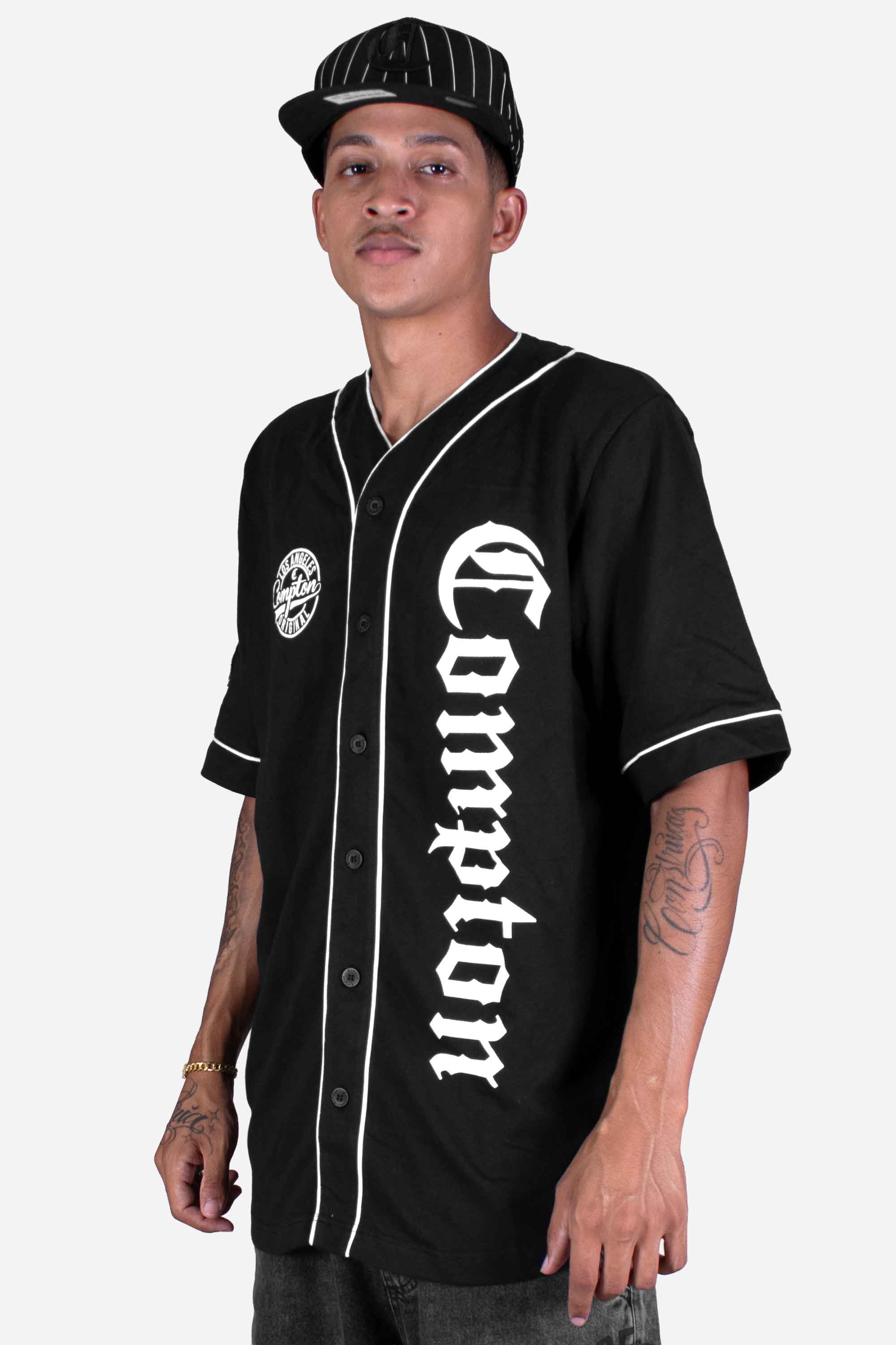 Camisa De Botão Baseball Compton Logo Preta - COMPTON