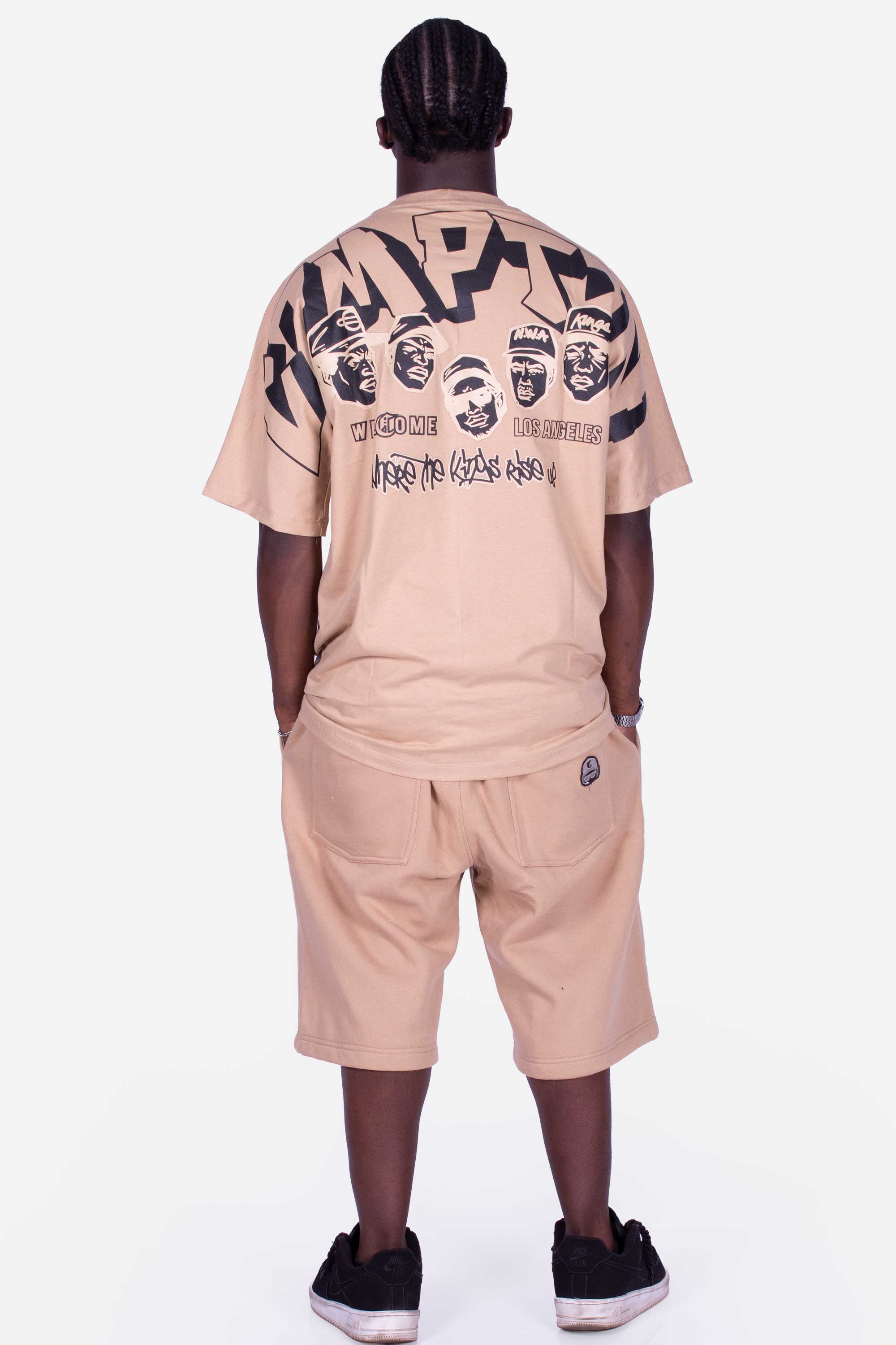 Camiseta Compton Oversized NWA Faces Alto Relevo Caqui