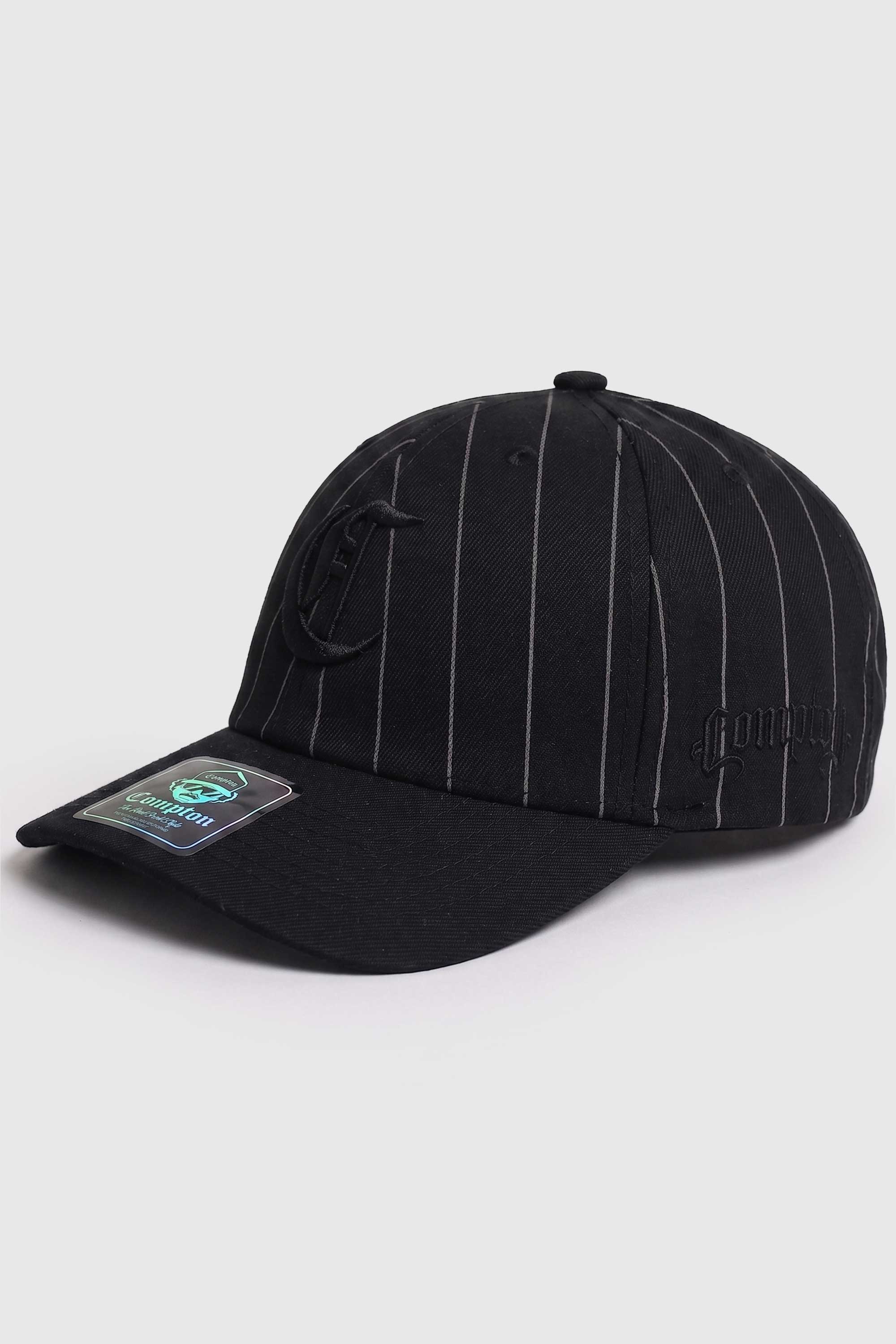 Boné Dad Hat Compton Baseball Pinstripe Preto Logo Bordado