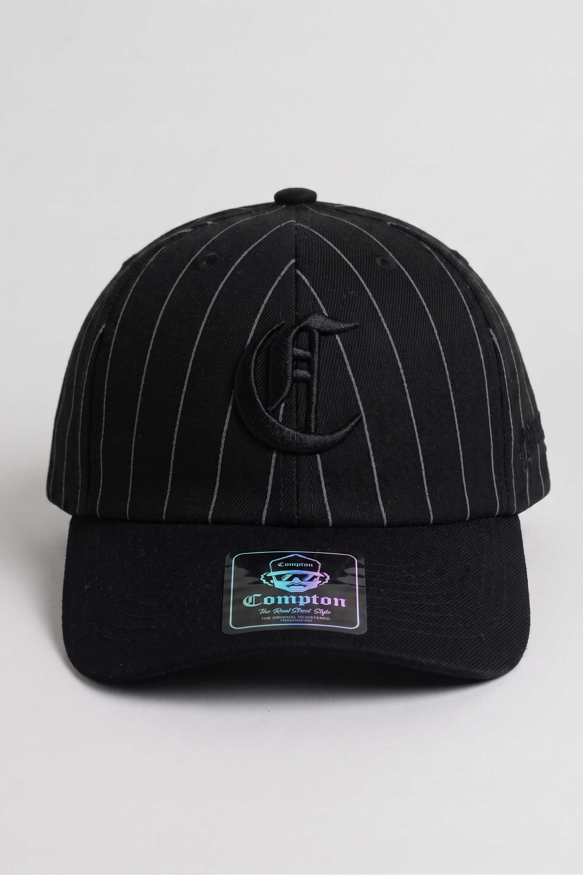 Boné Dad Hat Compton Baseball Pinstripe Preto Logo Bordado