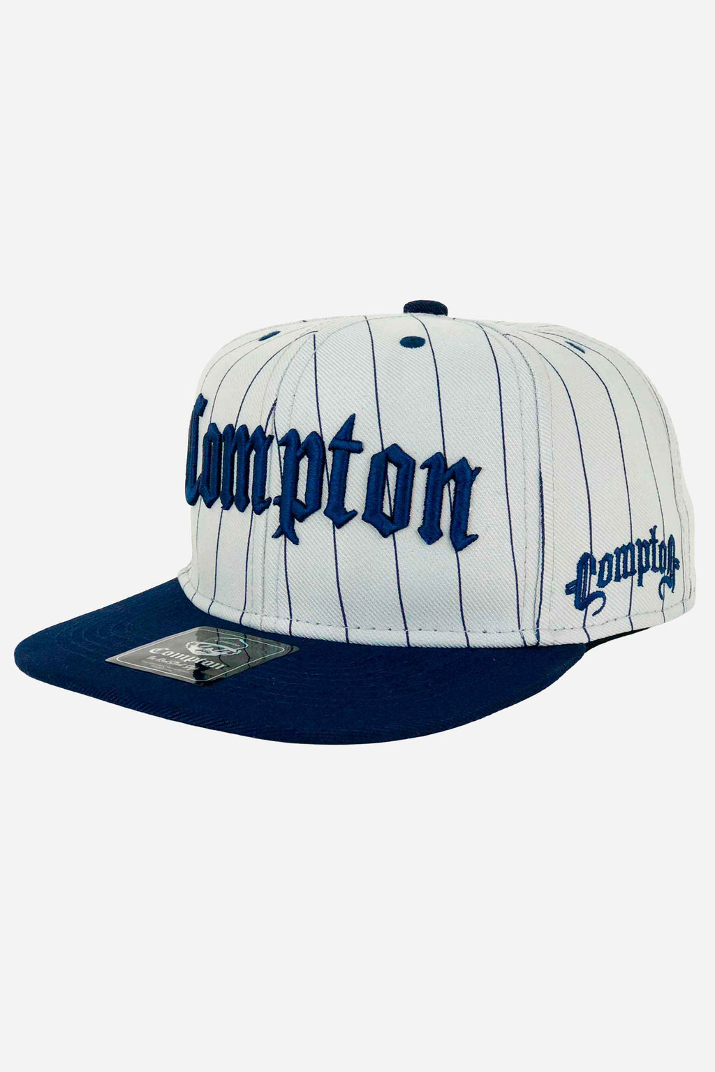 Boné Compton Aba Reta Snapback Classic Pinstripe Azul com design de baseball e bordado marcante.