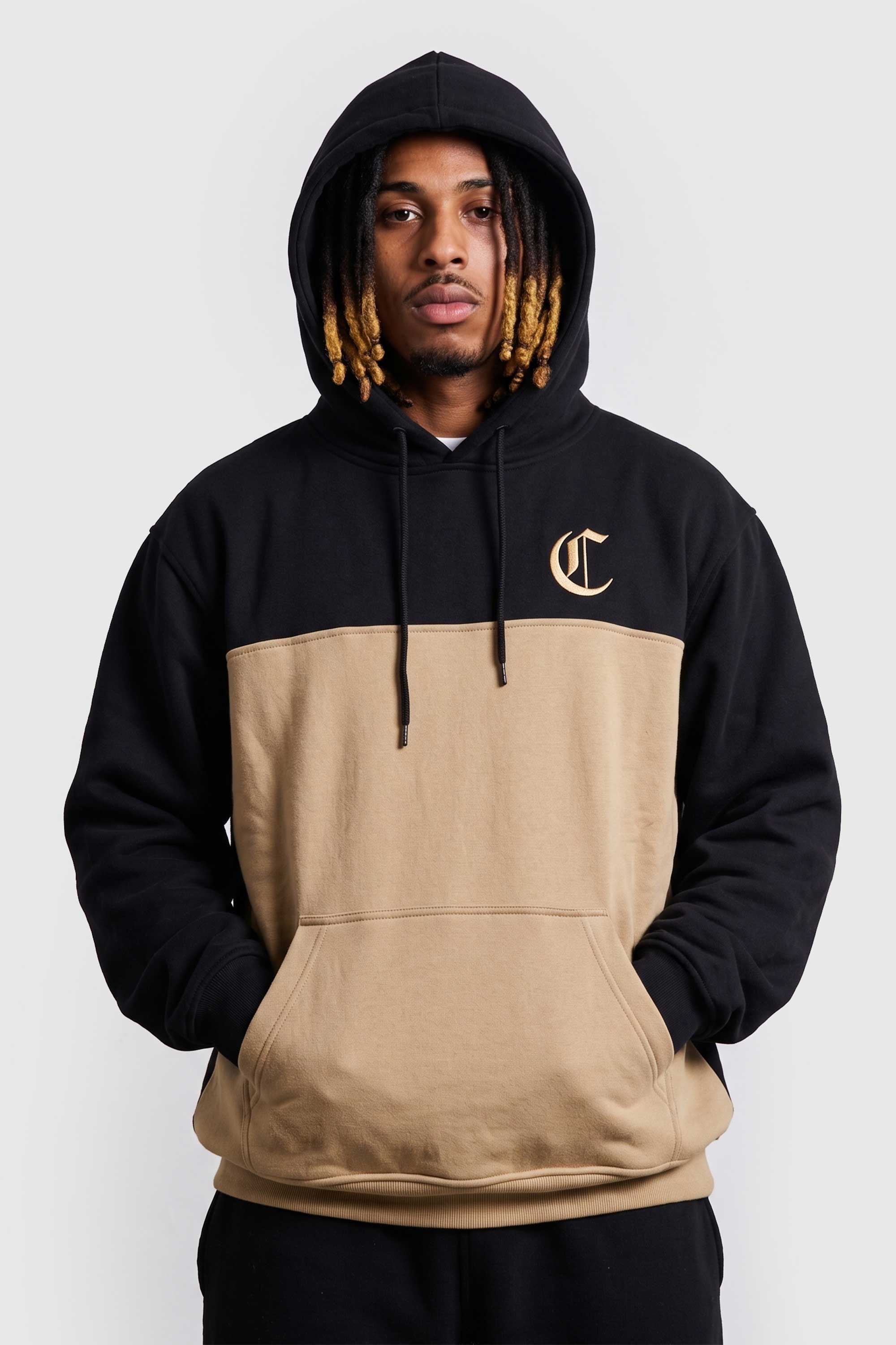 Moletom Compton Canguru Bicolor Bordado Preto E Caqui