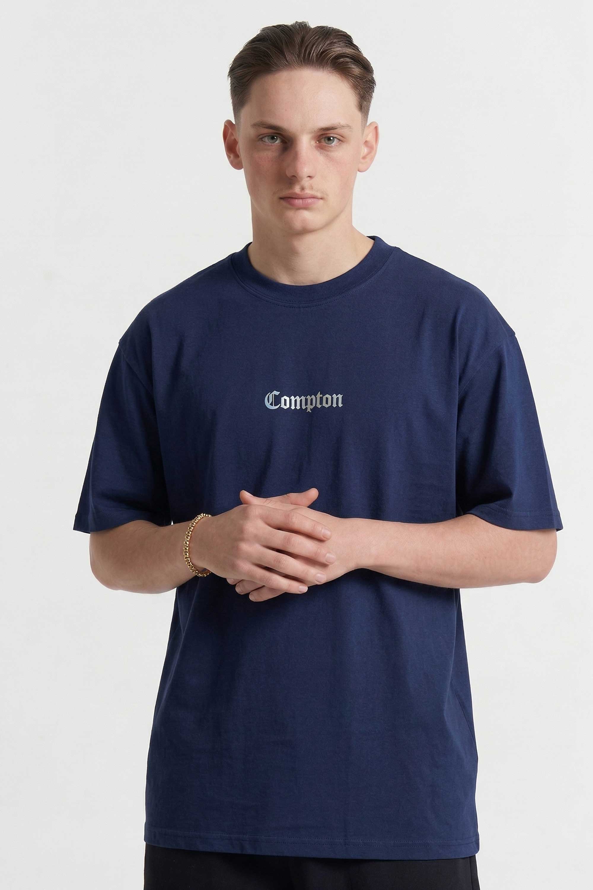Camiseta Compton Oversized Logo Refletivo Marinho