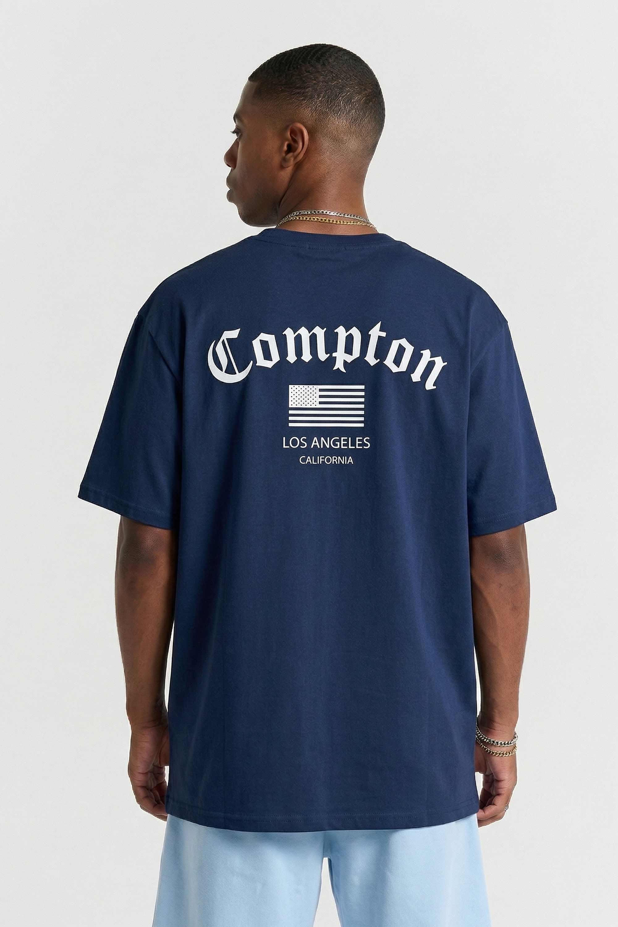 Camiseta Compton Oversized Los Angeles Flag Azul Marinho