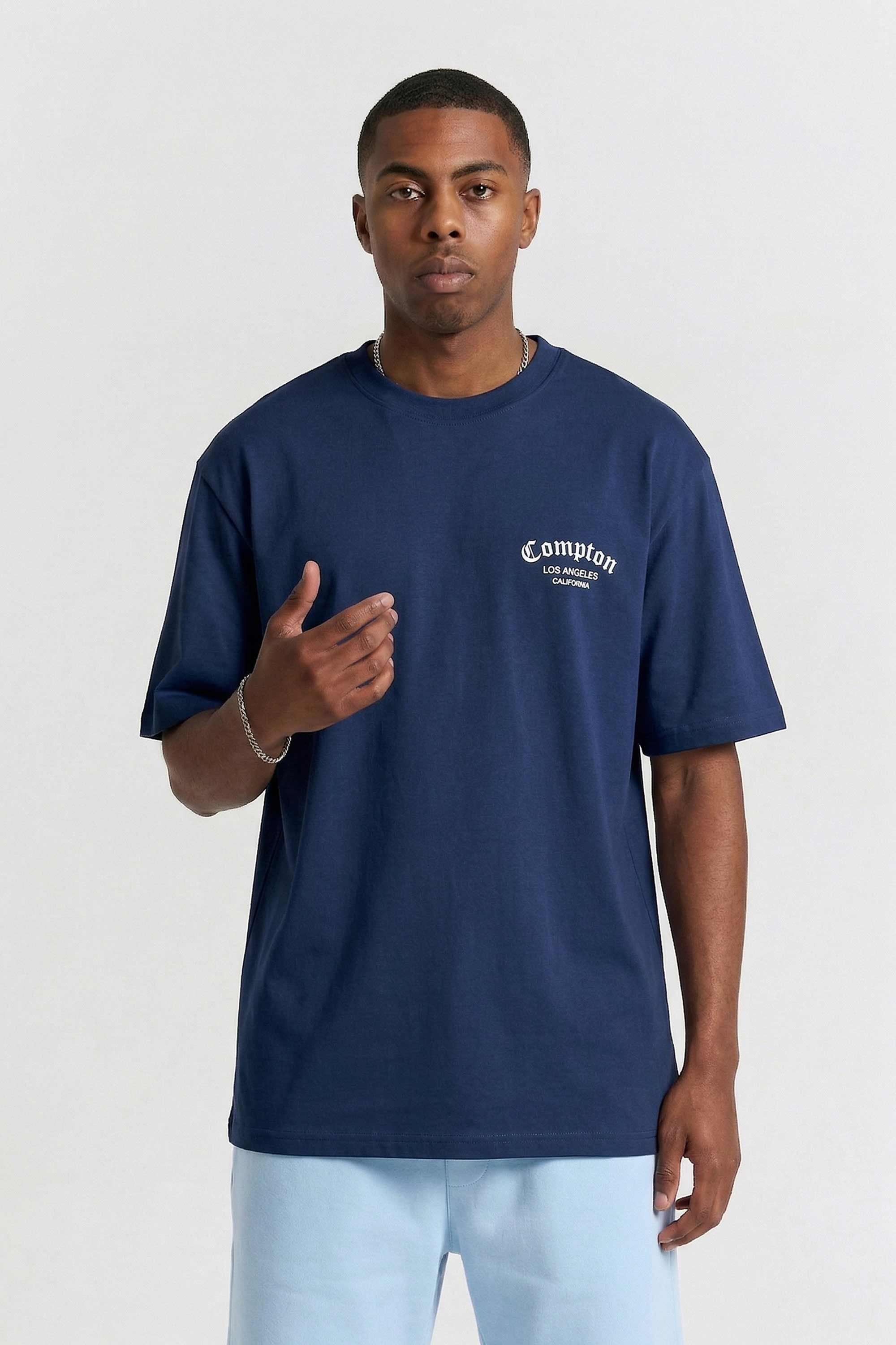 Camiseta Compton Oversized Los Angeles Flag Azul Marinho