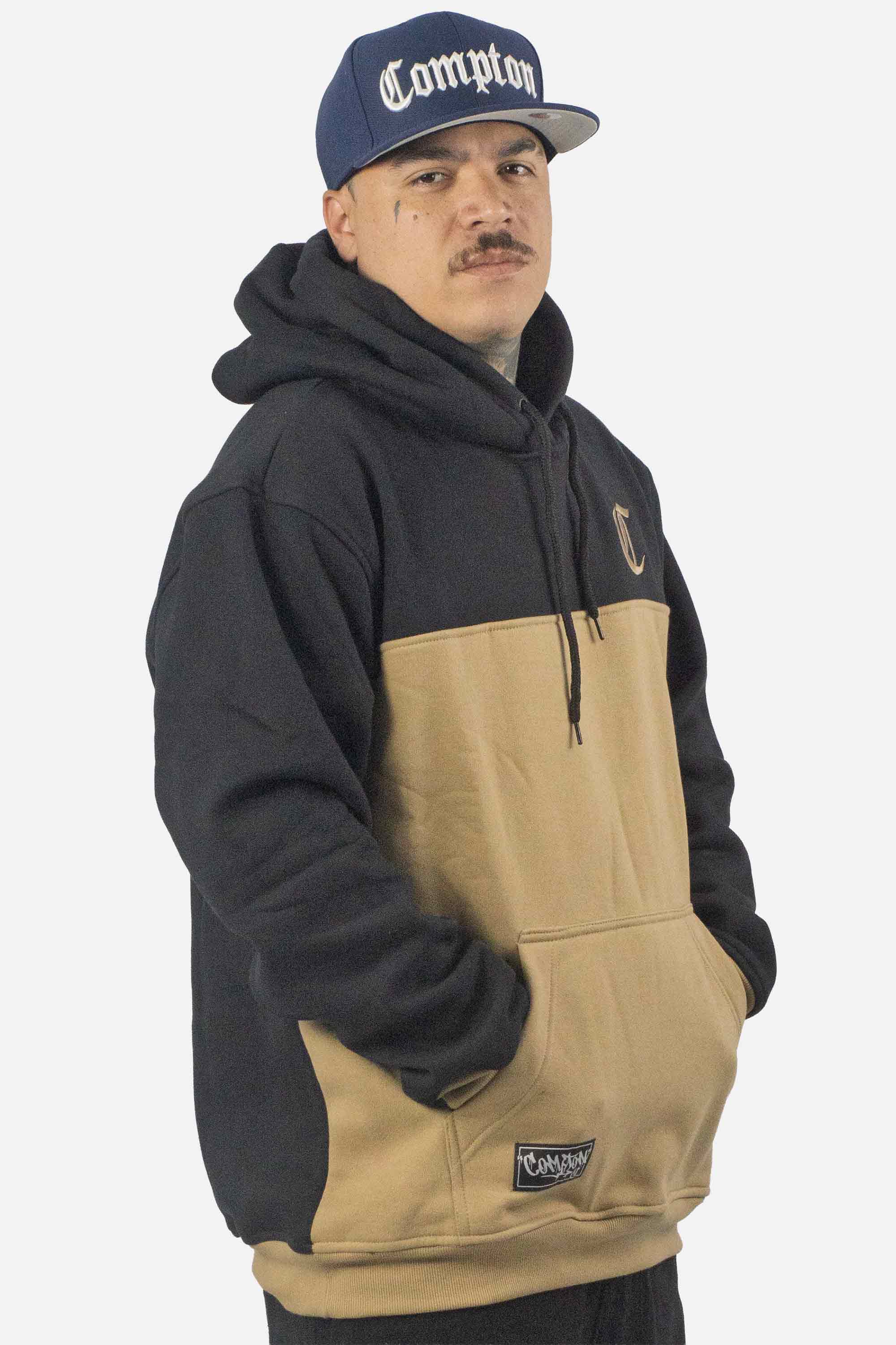 Moletom Compton Canguru Bicolor Bordado Preto E Caqui