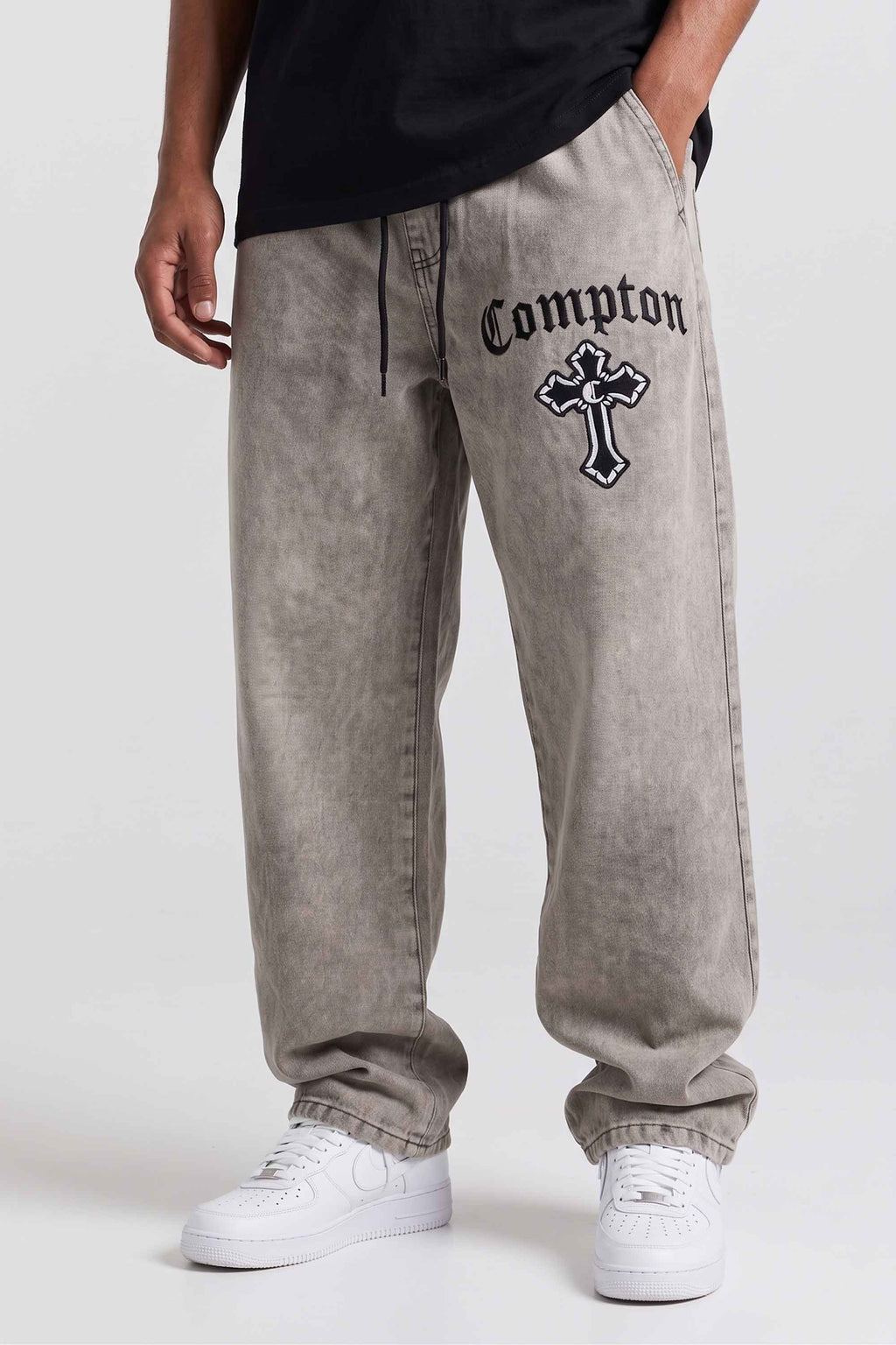 Calça Jeans Baggy Compton Thigh Cross Marmorizada