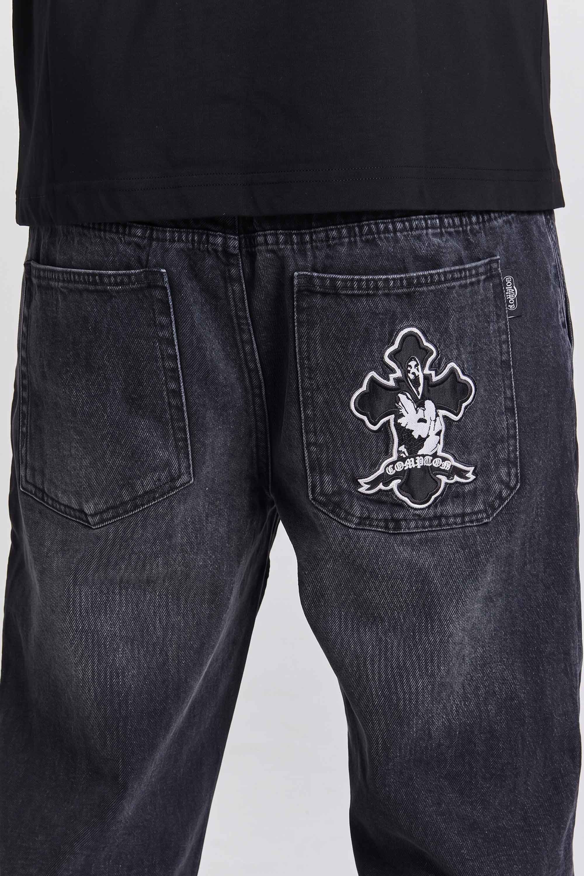 Calça Jeans Baggy Compton Script Cross Preta Estonada