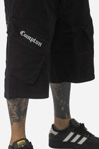 Bermuda Jeans Compton Bolso Bordado Inclinado Fole Preta