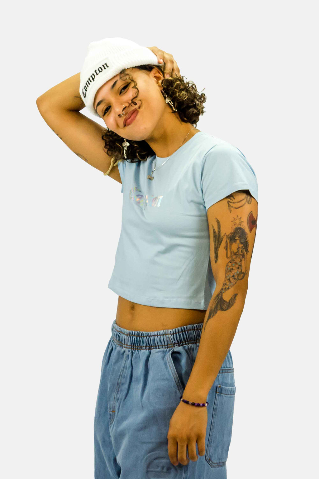 Cropped Compton Logo holográfico Azul Claro