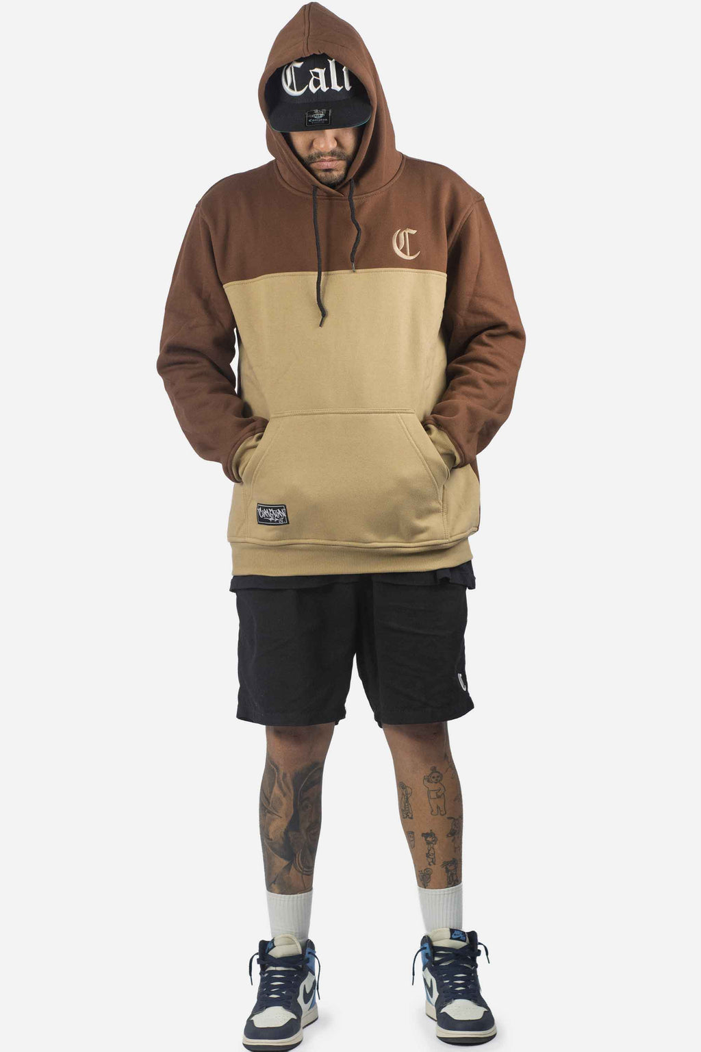 Moletom Compton Canguru Bicolor Bordado Marrom E Caqui