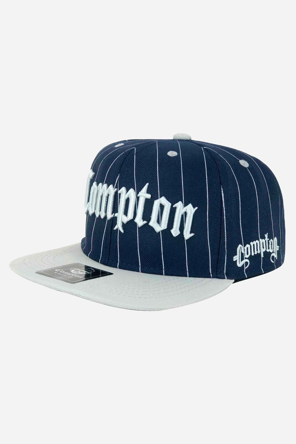 Boné Compton Aba Reta Snapback Classic Pinstripe Azul Marinho com bordado e aba clara contrastante.
