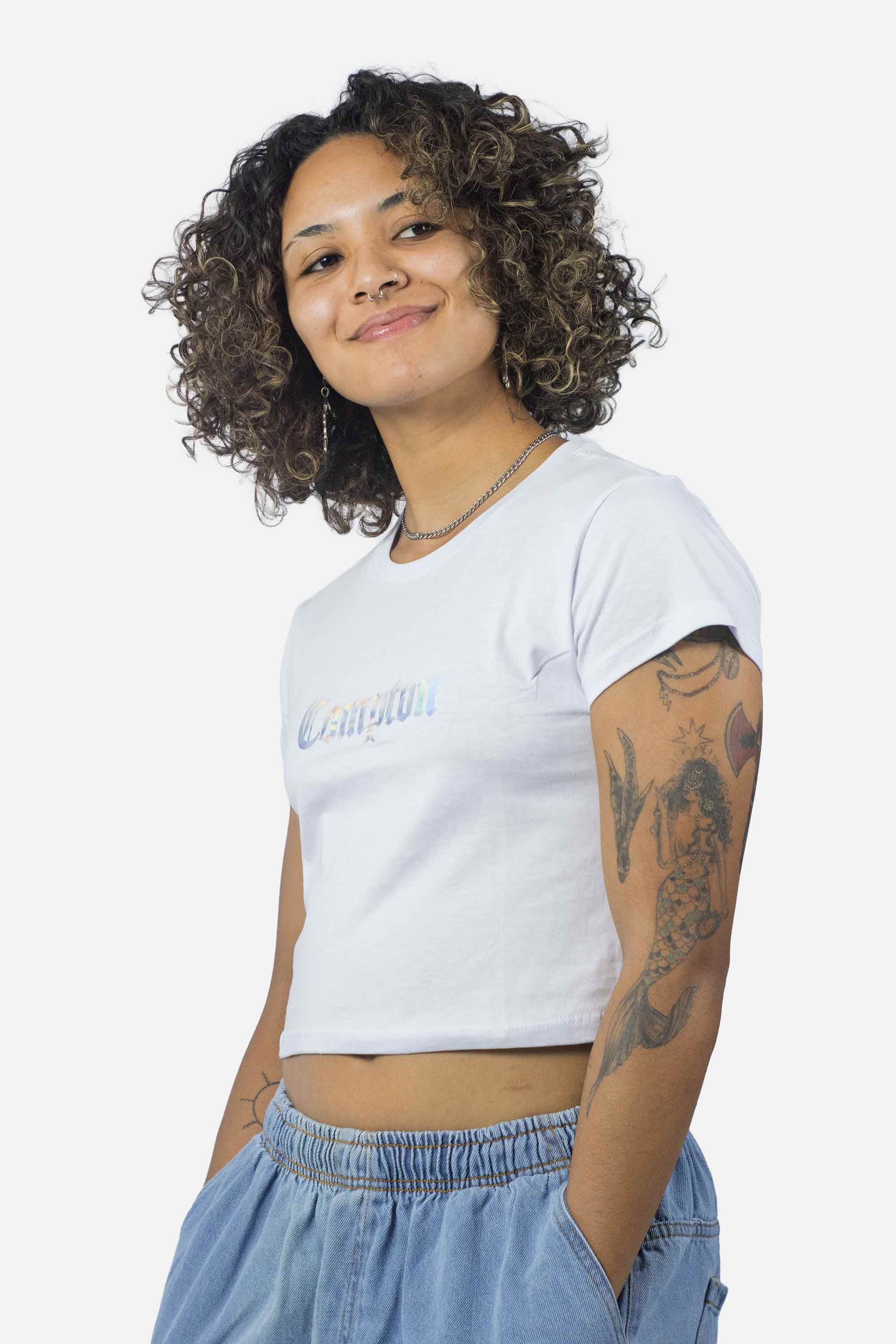 Cropped Compton Logo holográfico Branco